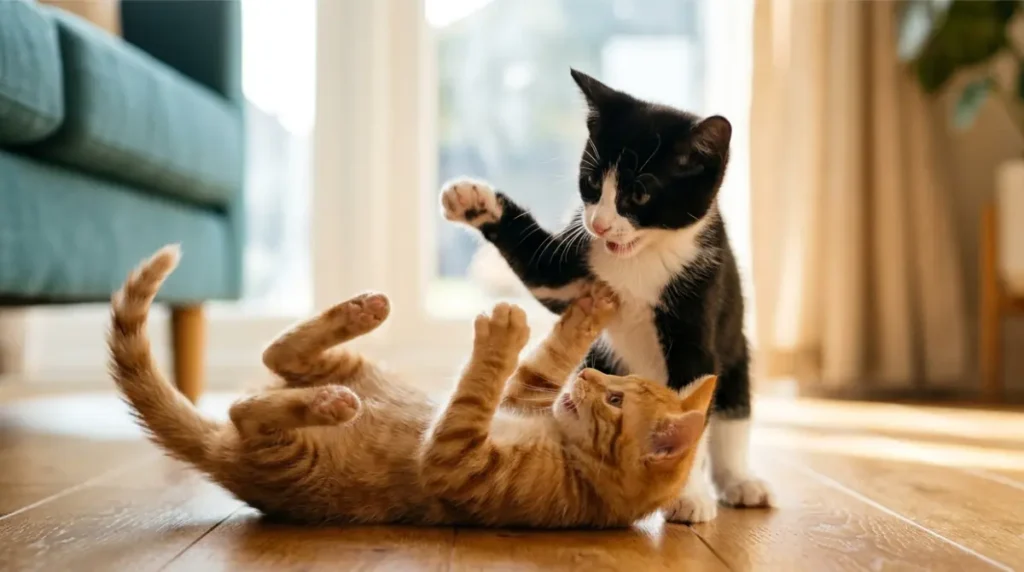 Kitten rolled belly-up with paws raised while a littermate swats playfully during a wrestling game on a wooden floor