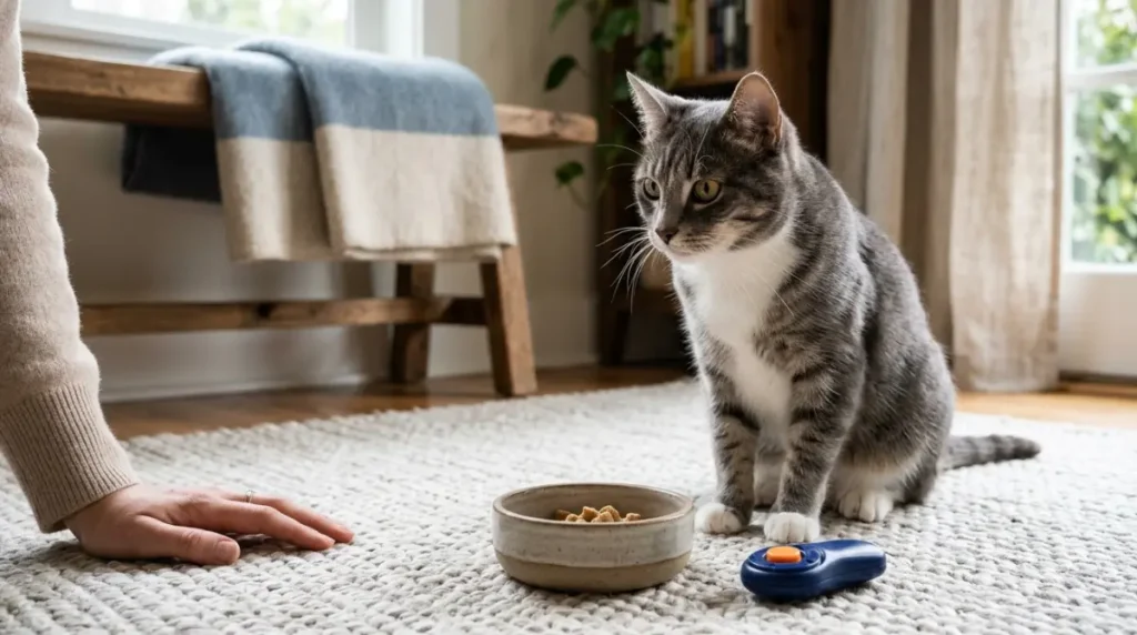 Clicker Training setup with a cat, a blue clicker, and a small bowl of treats