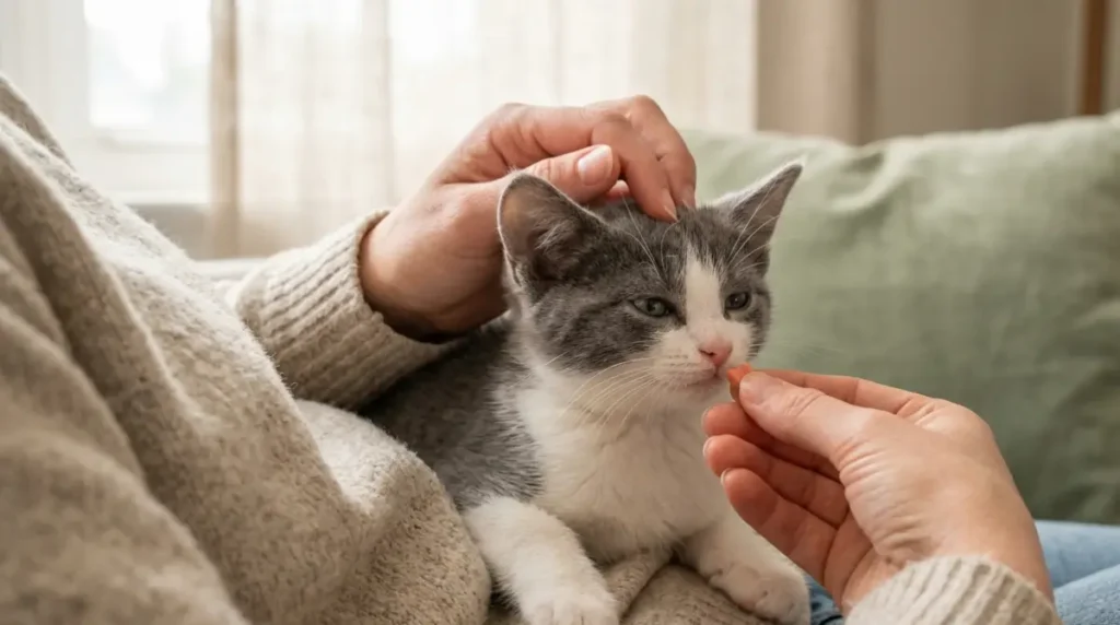 Kitten of eight weeks relaxed on a lap while one hand strokes her head and the other offers a small treat