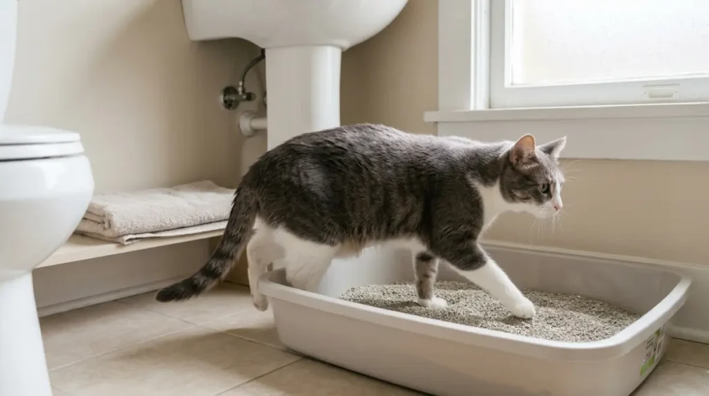 Apartment cat calmly entering a clean uncovered litter box in a quiet bathroom corner.