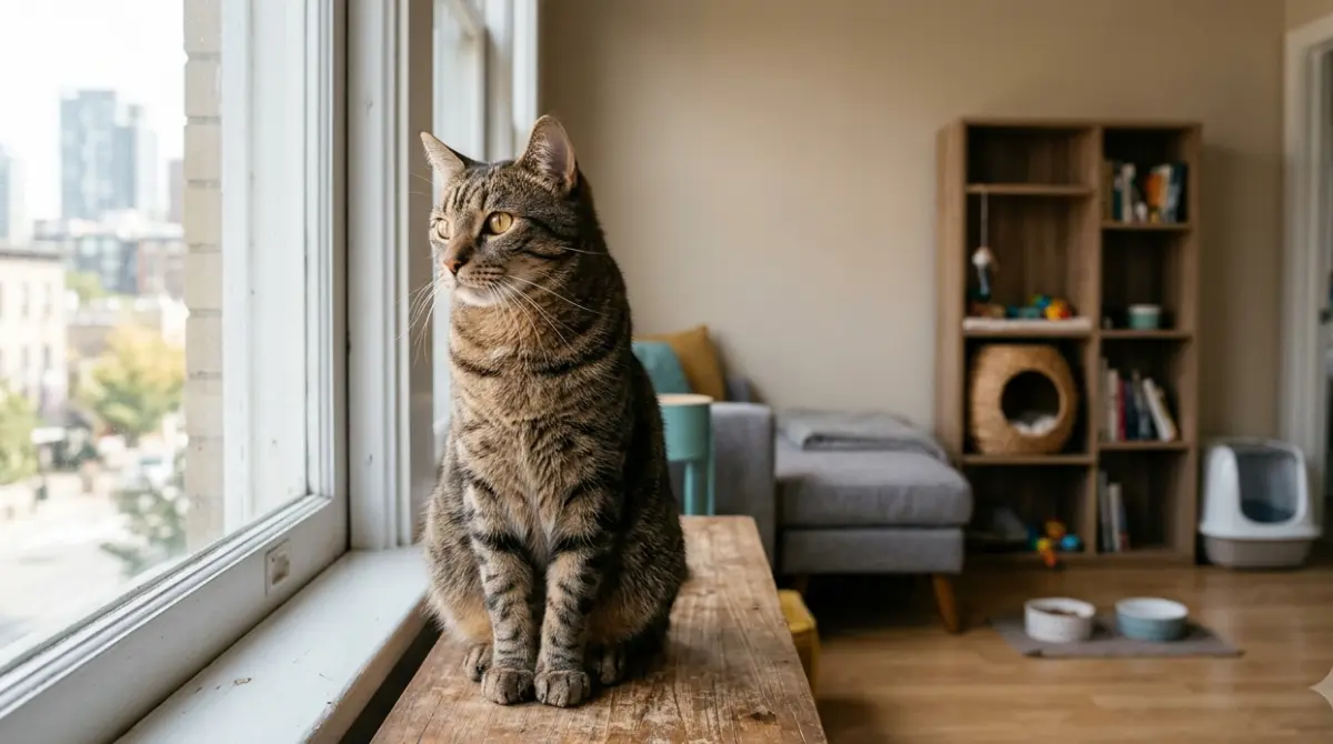 Apartment cat sitting on a wide window perch in a bright studio with separated food, water, litter, and resting areas.
