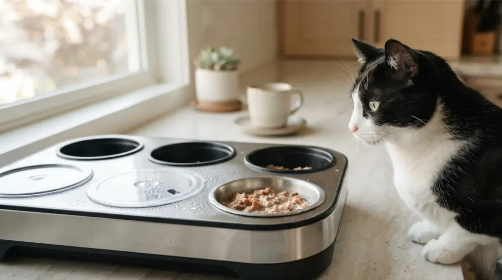 Automatic wet food feeder in kitchen used to support a 5am feeding Reset without owner involvement