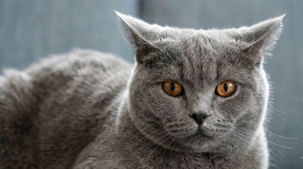 Close-up of a gray cat with airplane ears and tense whiskers showing uncomfortable body language