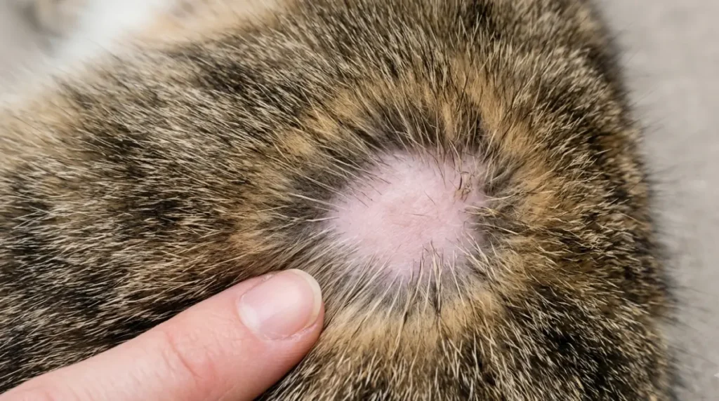 Cat bald patch with short, broken stubble around the edges of the exposed skin