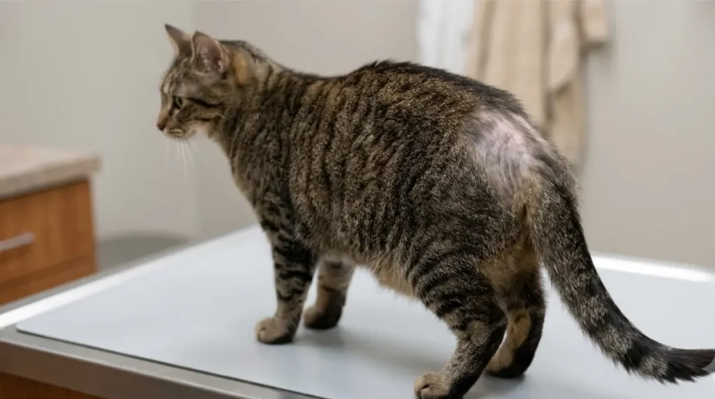 Cat with a small bald patch near the base of its tail and lower back
