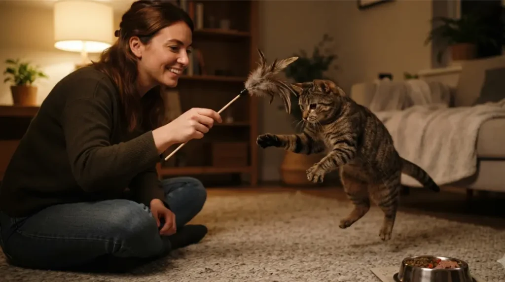 Owner playing with cat at night before bedtime meal as key step in the 14‑night Reset
