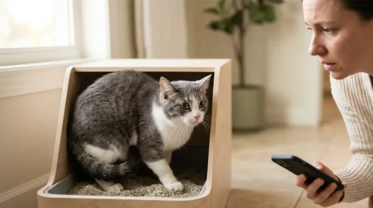 Cat behavior change in litter box while owner prepares to call the veterinarian