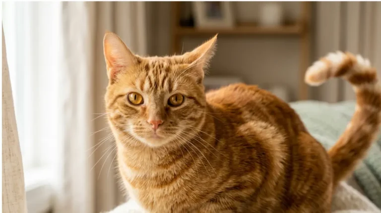 Ginger tabby cat showing body language through its tail, ears, and eyes while looking at the camera