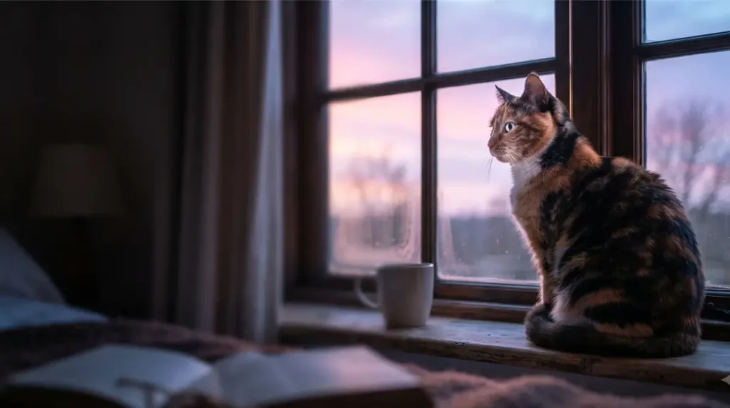 Cat on windowsill at dawn showing natural crepuscular rhythm addressed in the Reset plan