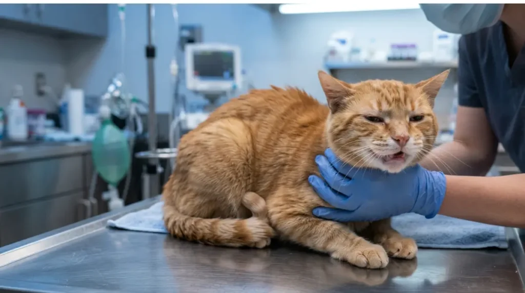 Male orange tabby cat showing emergency signs of urinary blockage at veterinary clinic