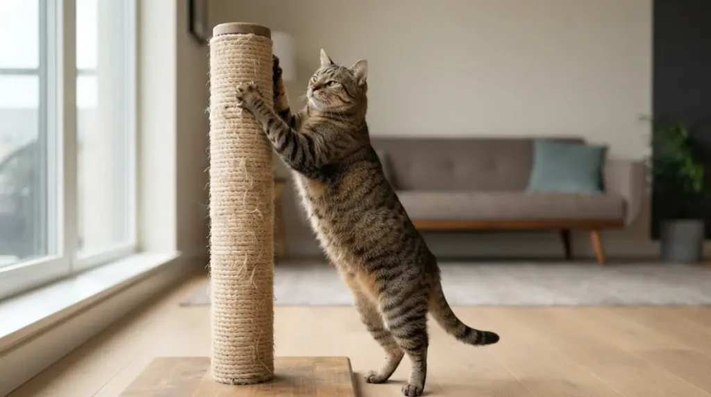 Cat stretching fully against a tall stable Scratching Post