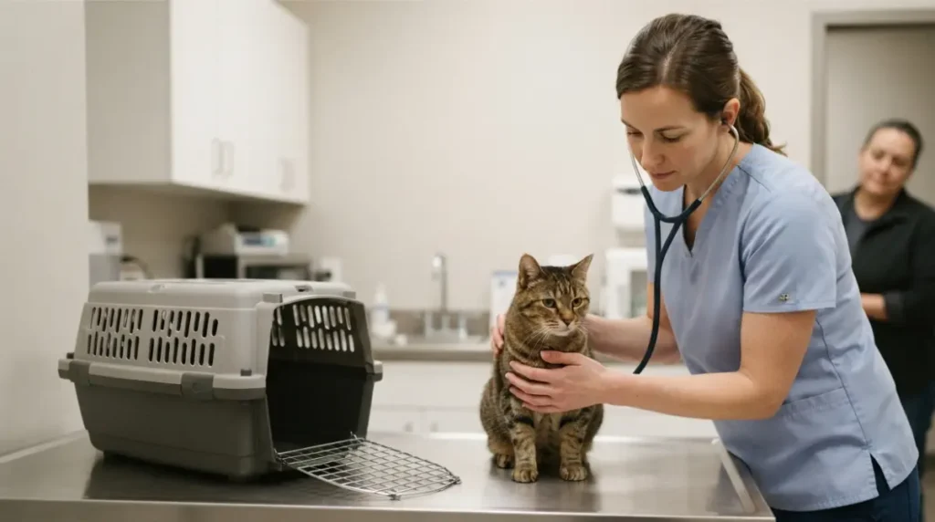 Cat Hiding while a veterinarian calmly examines the cat beside an open carrier