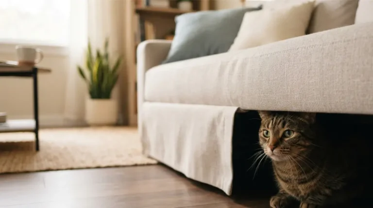Cat Hiding more than usual partially beneath a sofa in a quiet living room