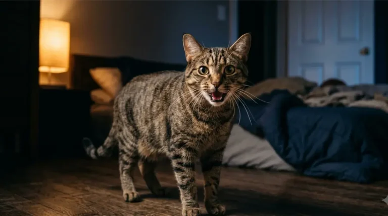 Cat meowing loudly at night on a bedroom floor