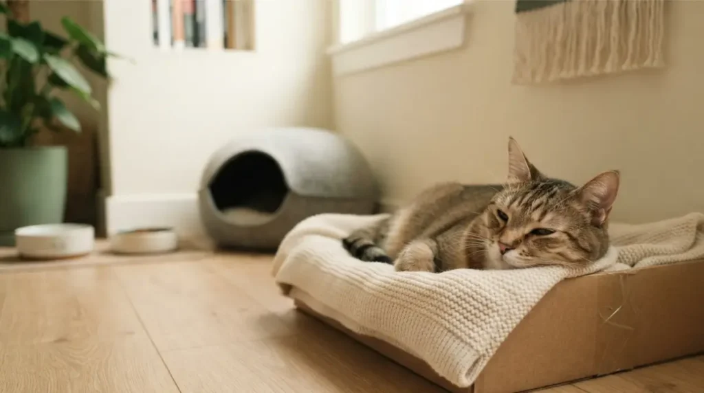 Cat Hiding comfortably while resting in a box in a quiet corner of a home