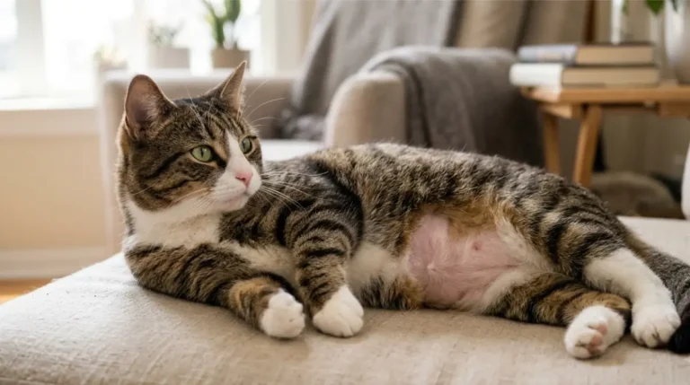 Cat with a visible bald patch on its lower belly caused by overgrooming