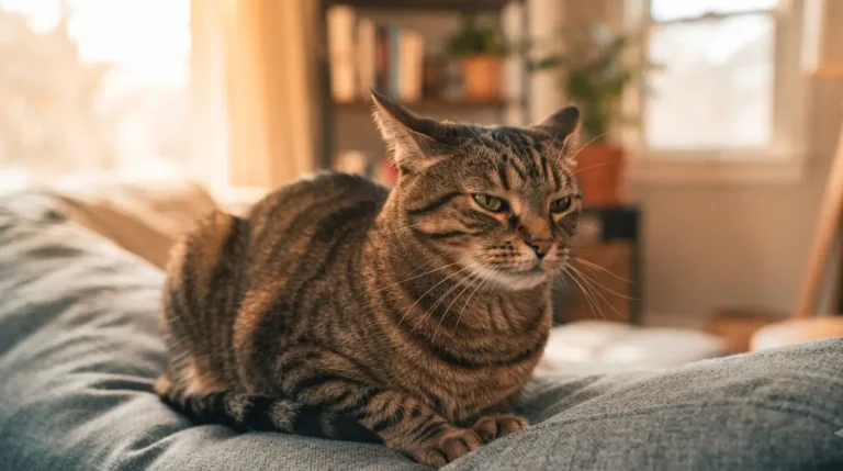 Domestic tabby cat showing subtle signs of pain with flattened ears and tense muzzle