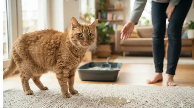 Cat Peeing outside the litter box on a rug with a concerned owner nearby