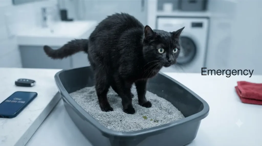 Male cat straining with only drops of urine, possible Cat Peeing blockage emergency