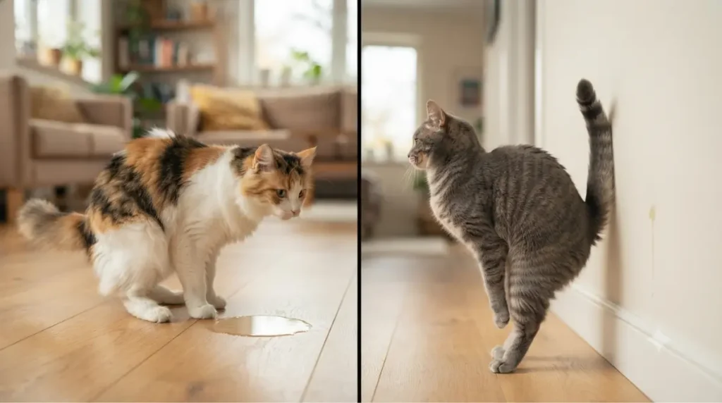 Split view of a cat squatting to pee and another cat spraying, showing Cat Peeing vs marking