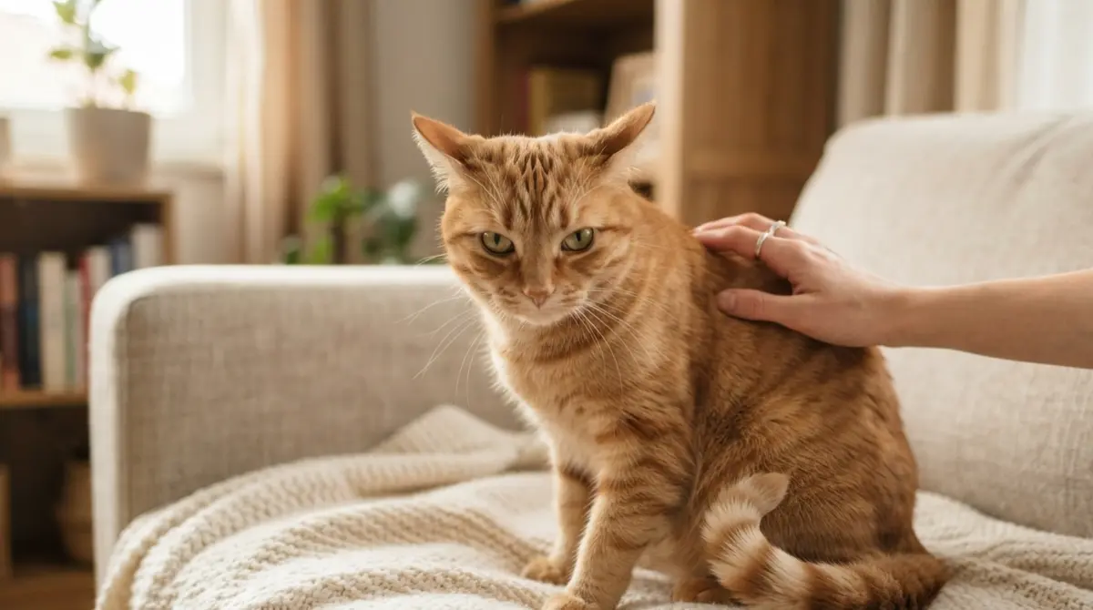 Cat showing warning signs before bite during petting with tail twitch and ear position visible