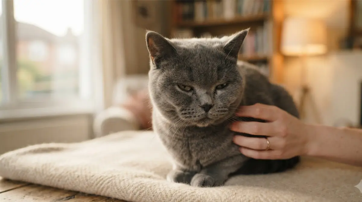 cat purring with owner checking for vet warning signs at home