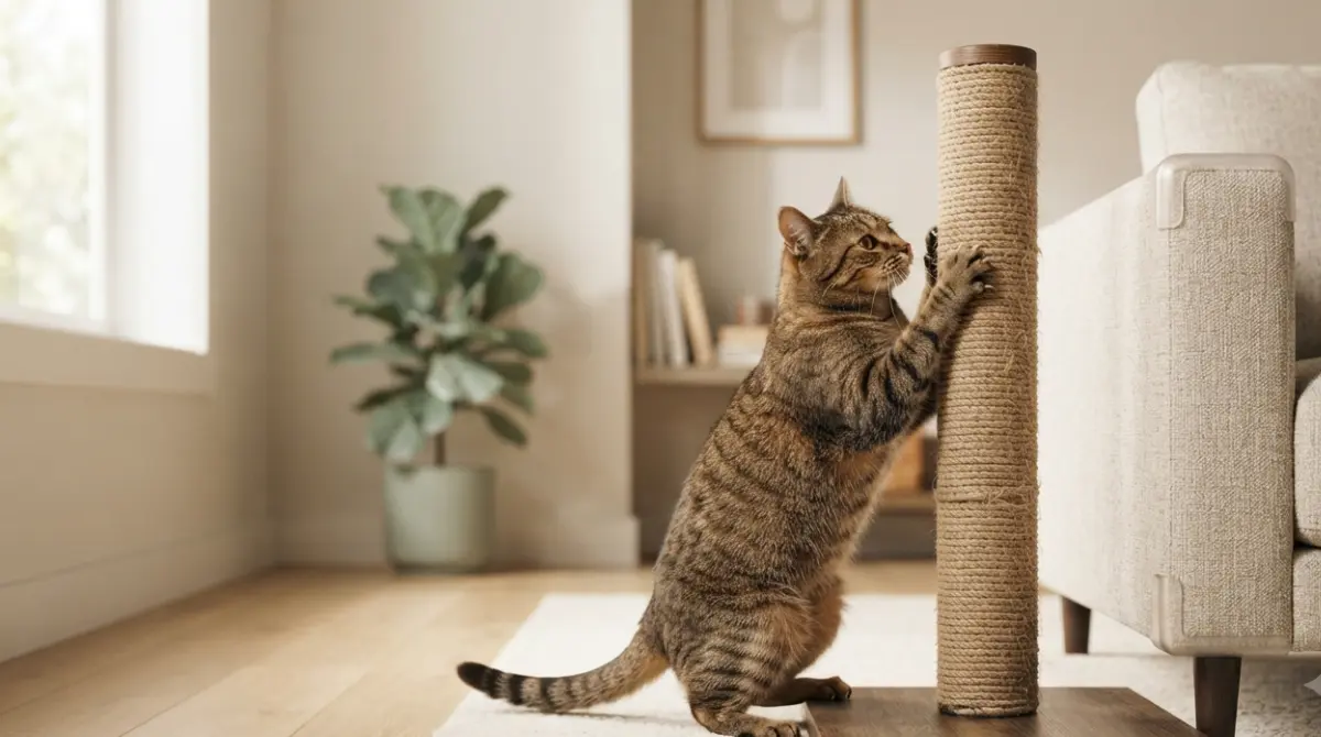 Cat using a tall sisal scratching post beside a sofa instead of Scratching Furniture