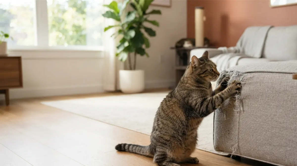 Tabby cat scratching a sofa while a Scratching Post sits nearby