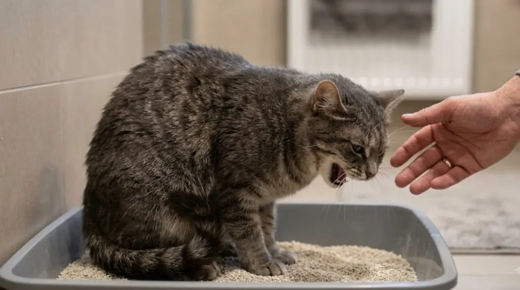Cat crying and straining in a litter box at night