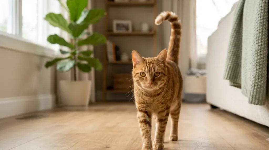 Tabby cat with upright tail showing friendly body language while approaching in a bright home