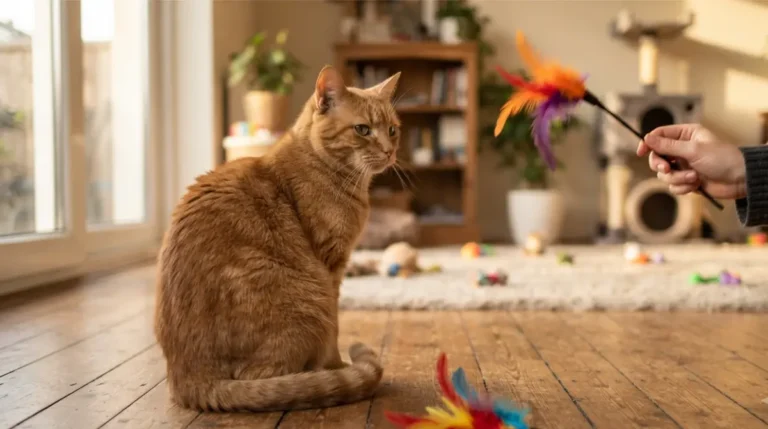 Cat Won’t Play: Bored cat ignoring toy on floor while owner tries wand toy