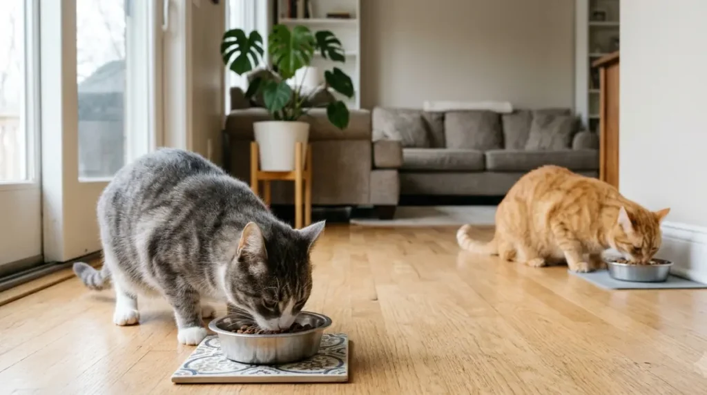 Two cats eating from separate food bowls to reduce stress and prevent fighting