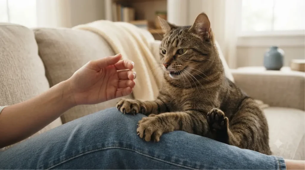 Cats Knead a lap while one cat turns toward a person's hand for a gentle nip