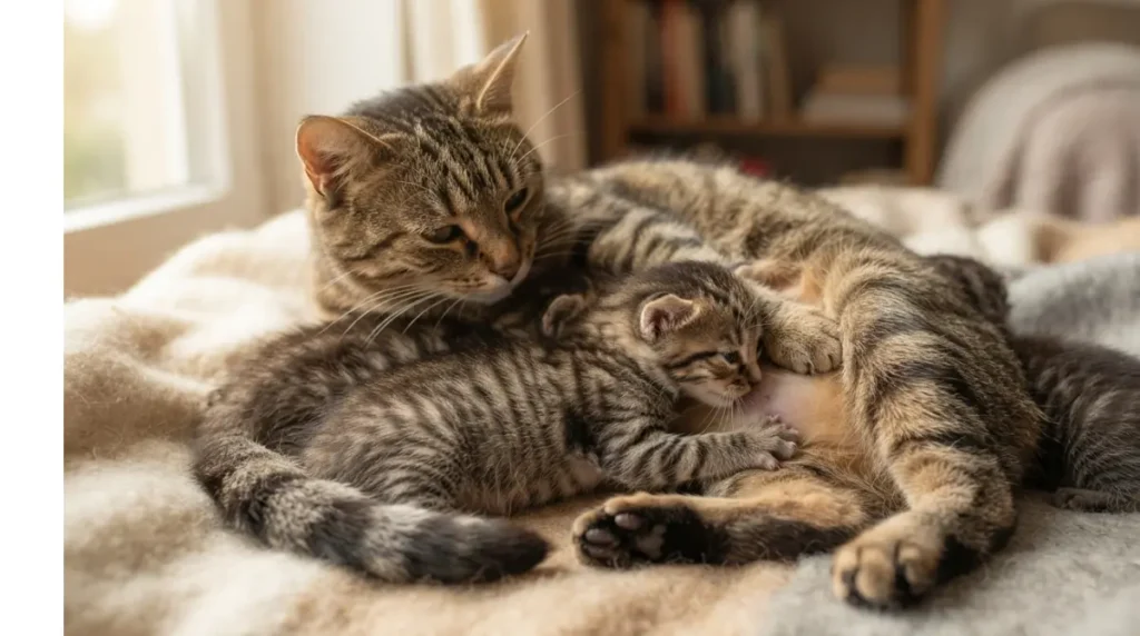 Cats Knead as a kitten presses its front paws against its mother while nursing