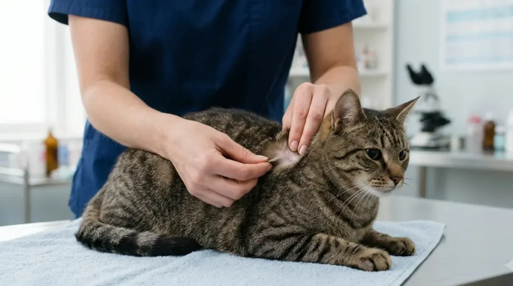 Veterinarian checking a cat for bite wounds after fighting with another cat