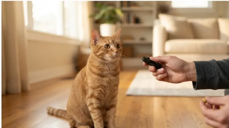 Clicker Training a cat to touch a red-tipped target stick with her nose at home