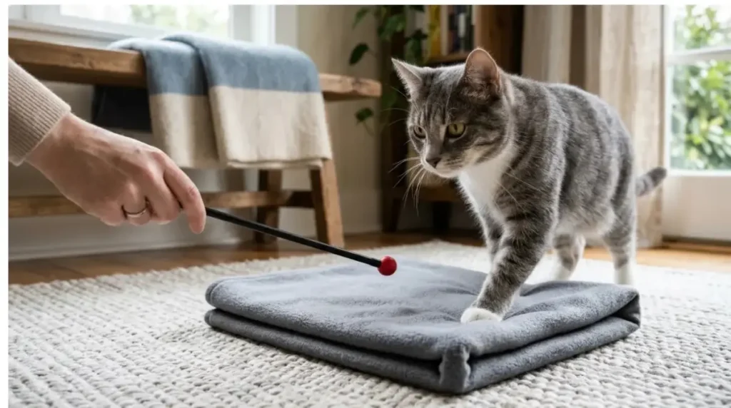 Clicker Training a tabby cat to step onto a folded gray blanket using a target stick