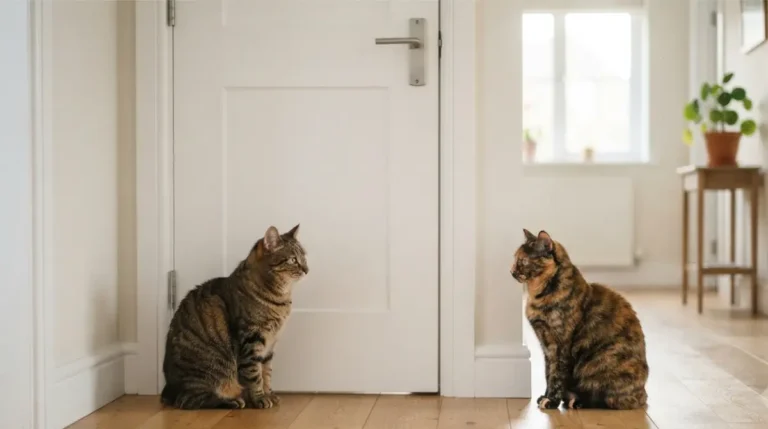 Introduce two cats peacefully sharing a cozy home, a brown tabby and a black-and-white cat resting side by side.