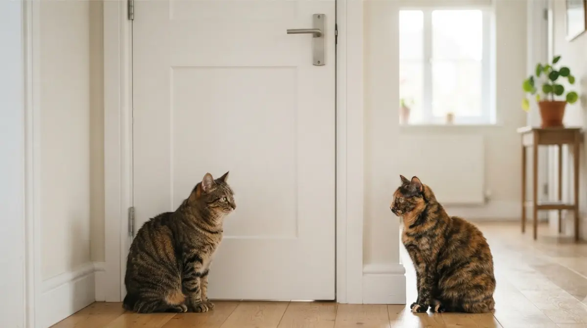Introduce two cats peacefully sharing a cozy home, a brown tabby and a black-and-white cat resting side by side.