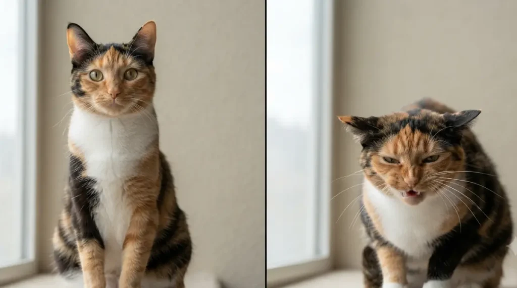 Side-by-side comparison of cat face showing normal expression versus pain expression with clear facial signs on Feline Grimace Scale