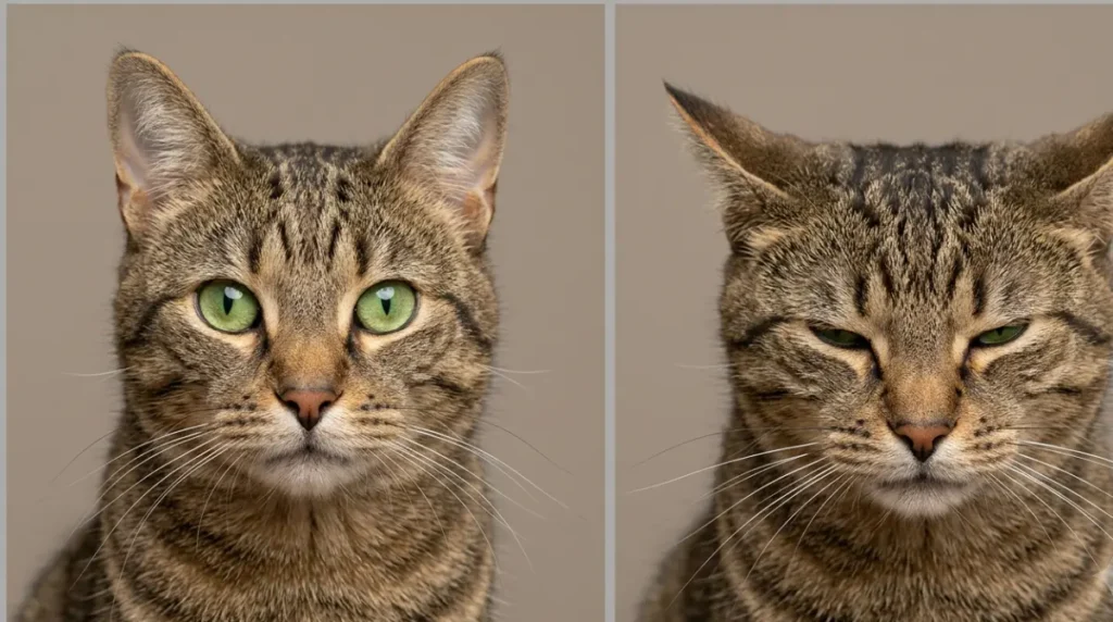The same tabby cat with a relaxed face beside a face showing each grimace scale sign of pain