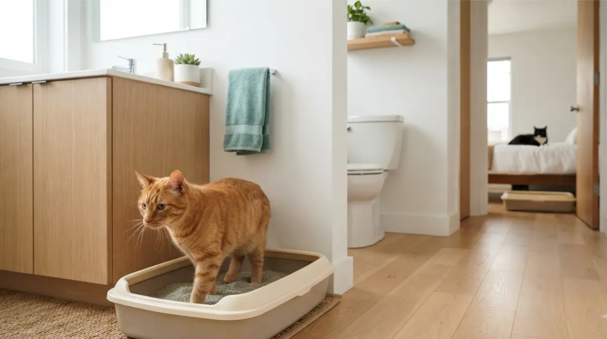 Two cats with multiple Litter Boxes in separate rooms showing the n+1 rule