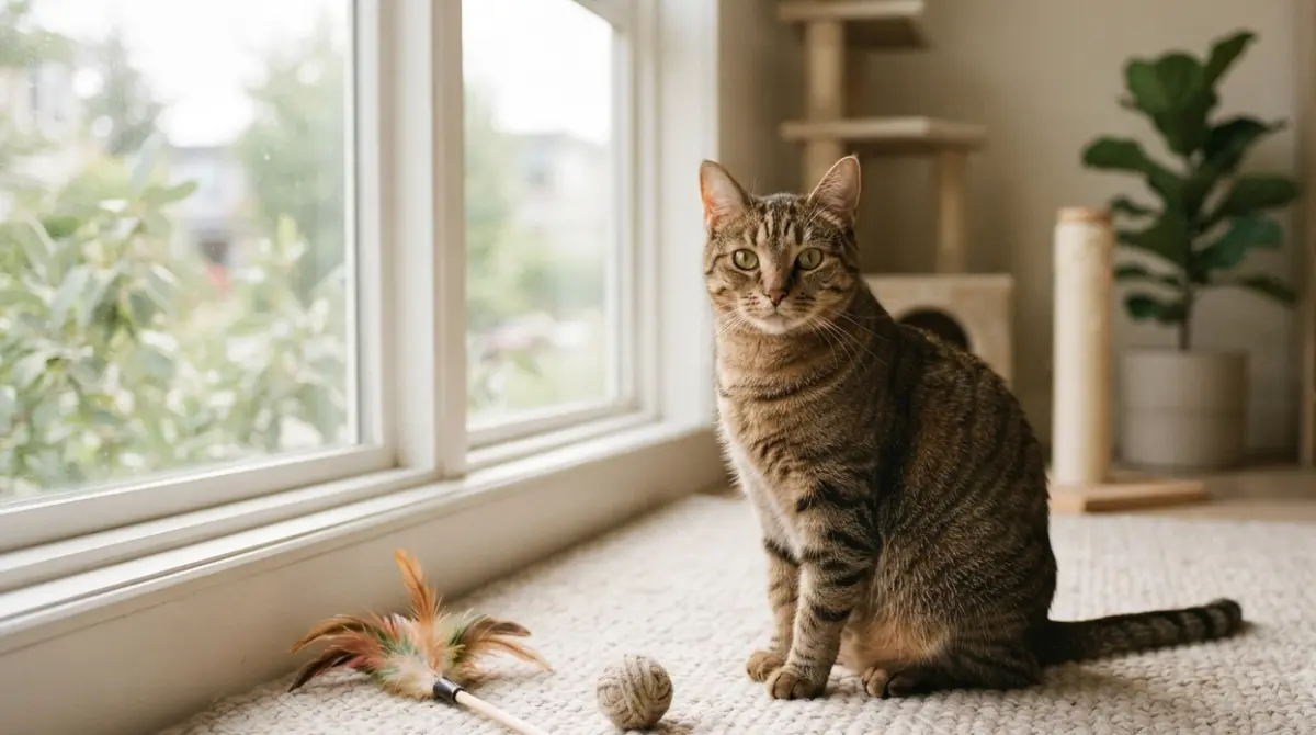 Indoor Cat sitting beside a window with untouched toys