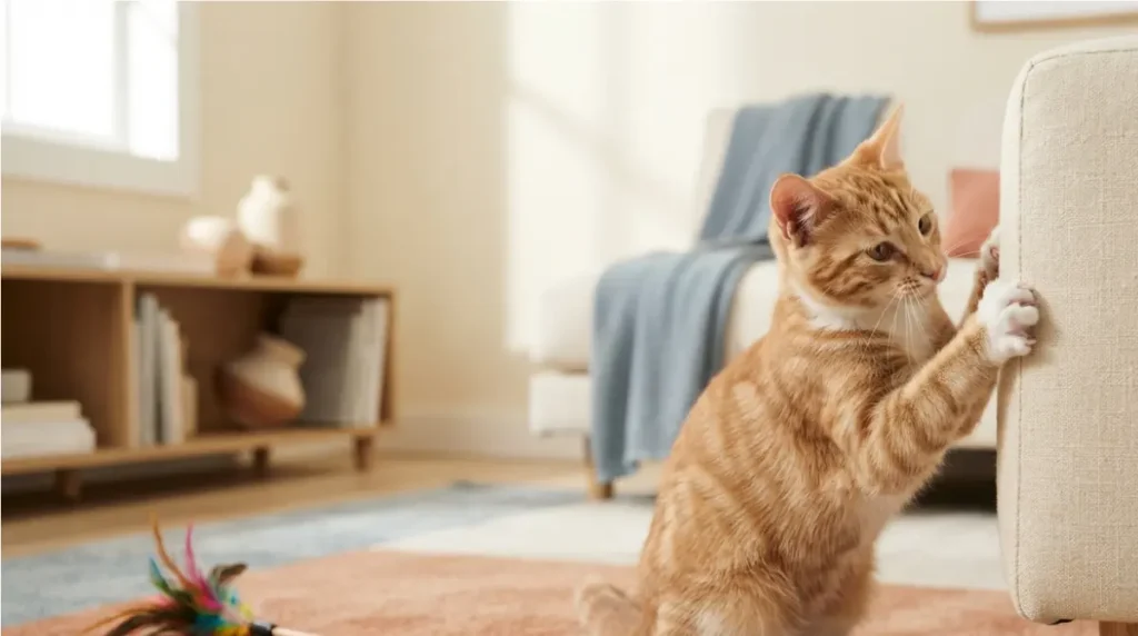 Indoor Cat scratching a sofa beside an ignored toy