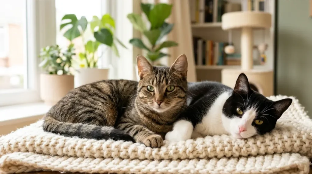 Introduce a new cat to a safe room with a litter tray, food and water bowls, a comfortable bed, and a scratching post.