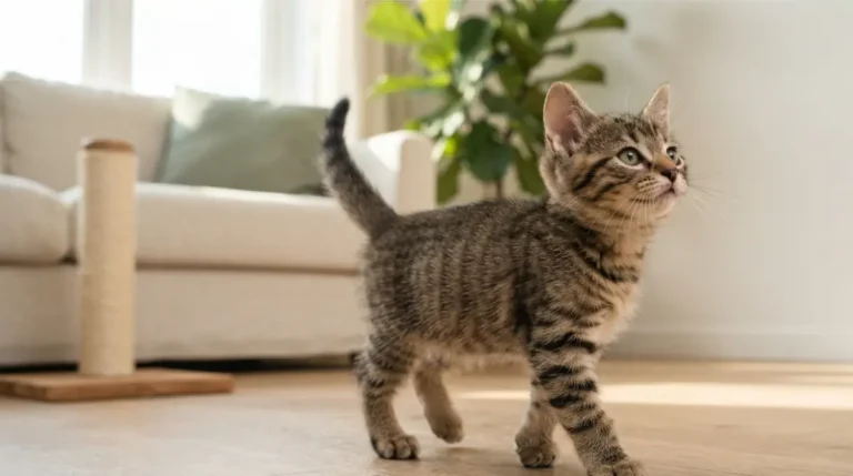 Kitten crouched low on a cream rug, about to pounce on the teal feather end of a wand toy
