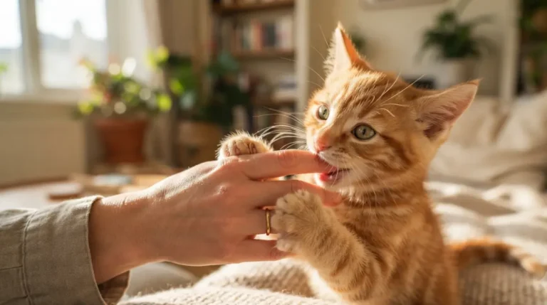 Kitten mid-pounce on a feather wand toy, held well away from the person’s hand on a light wood floor