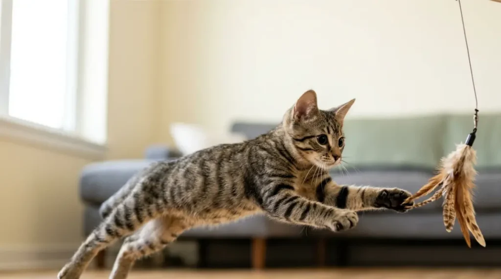 Kitten in a loose play crouch beside a kitten pressed low with flattened ears and an open-mouthed hiss