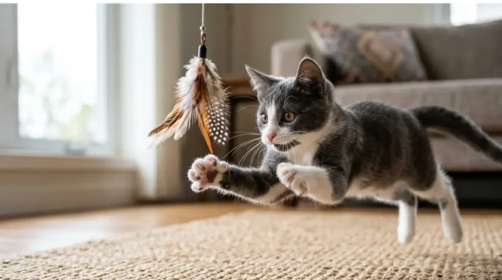 Gray and white kitten pouncing on a feather wand toy, normal hunting play for a young cat