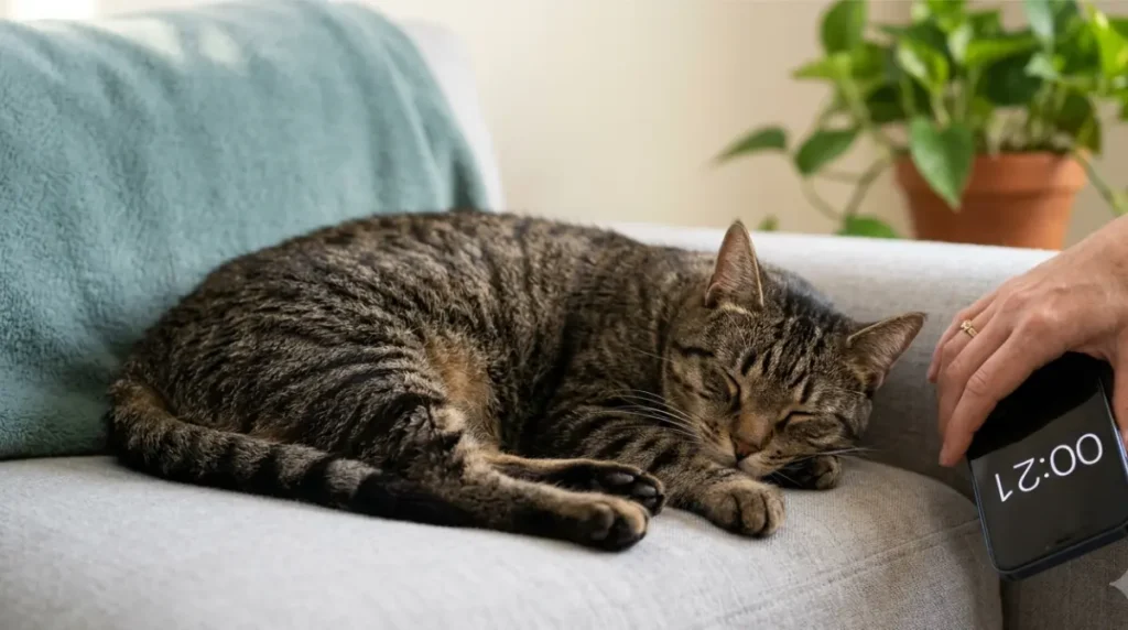 Orange male cat hunched in a litter box with dry litter, a straining posture that is never normal